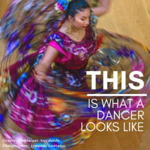 mexican dancer in spinning in pink and purple dress with caption THIS Is What a Dancer Looks Like
