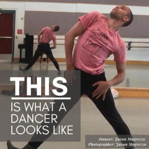 male dancer in leaned back pose with caption THIS is what a dancer looks like